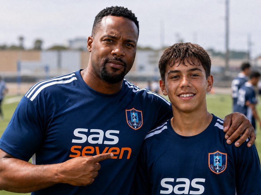 Sascha Stafford with young SAS SEVEN players on the field