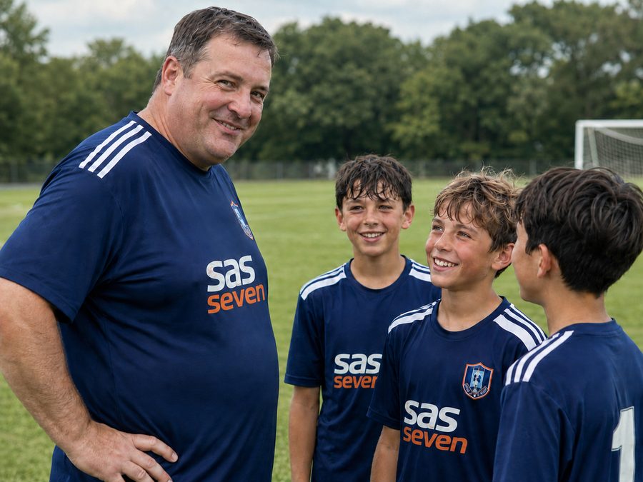 Chris Williams with young SAS SEVEN players on the field