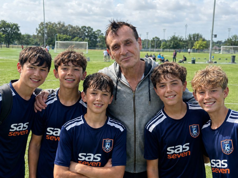 T. Craig Stellings with young SAS SEVEN players on the field