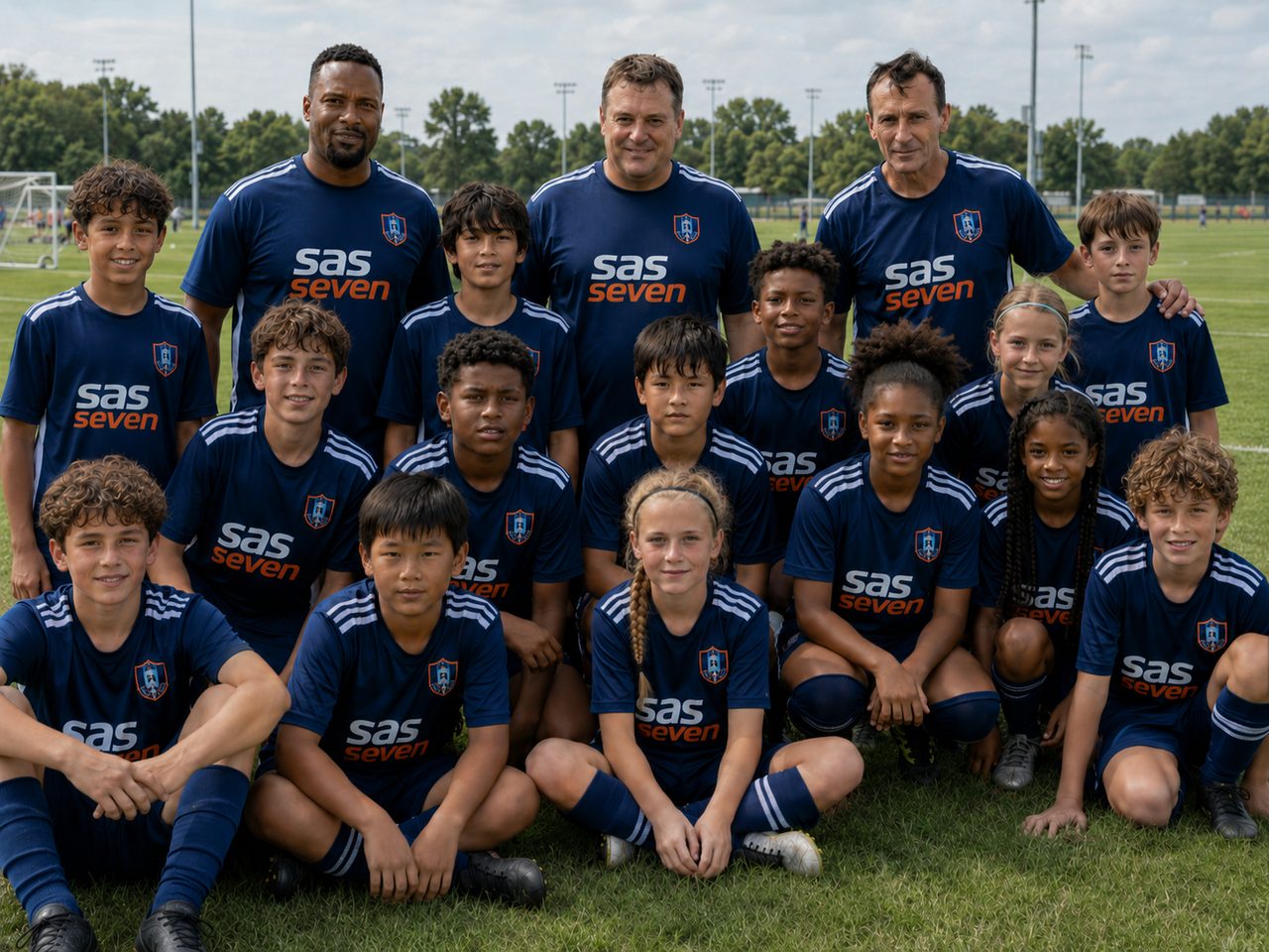 The full SAS SEVEN team — coaches and youth players together on the field